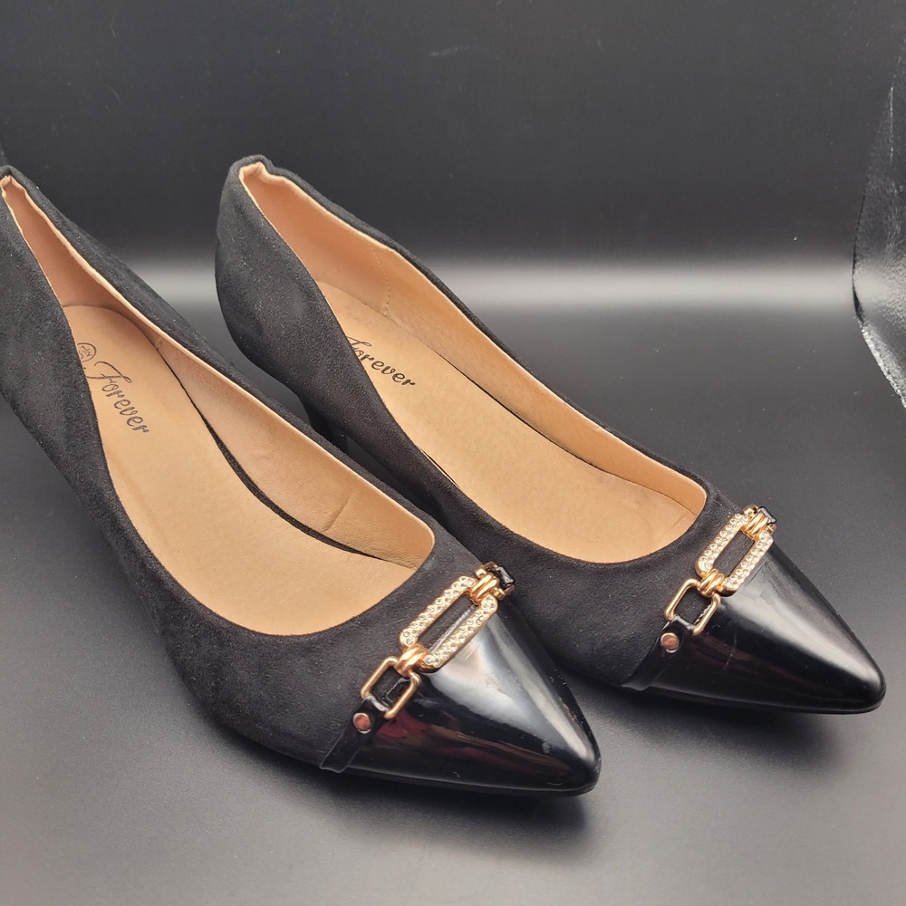 Forever Aubree-12 Black Suede Patent Pointed Toe Kitten Heels Rhinestone Buckle